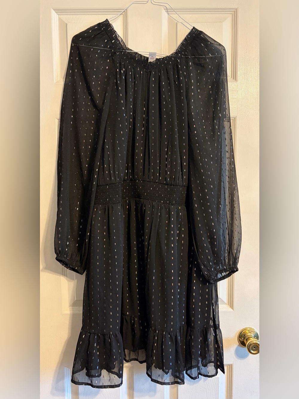 Old Navy Black Silver Metallic Dot Smocked Mini Dress Long Sleeve 2X